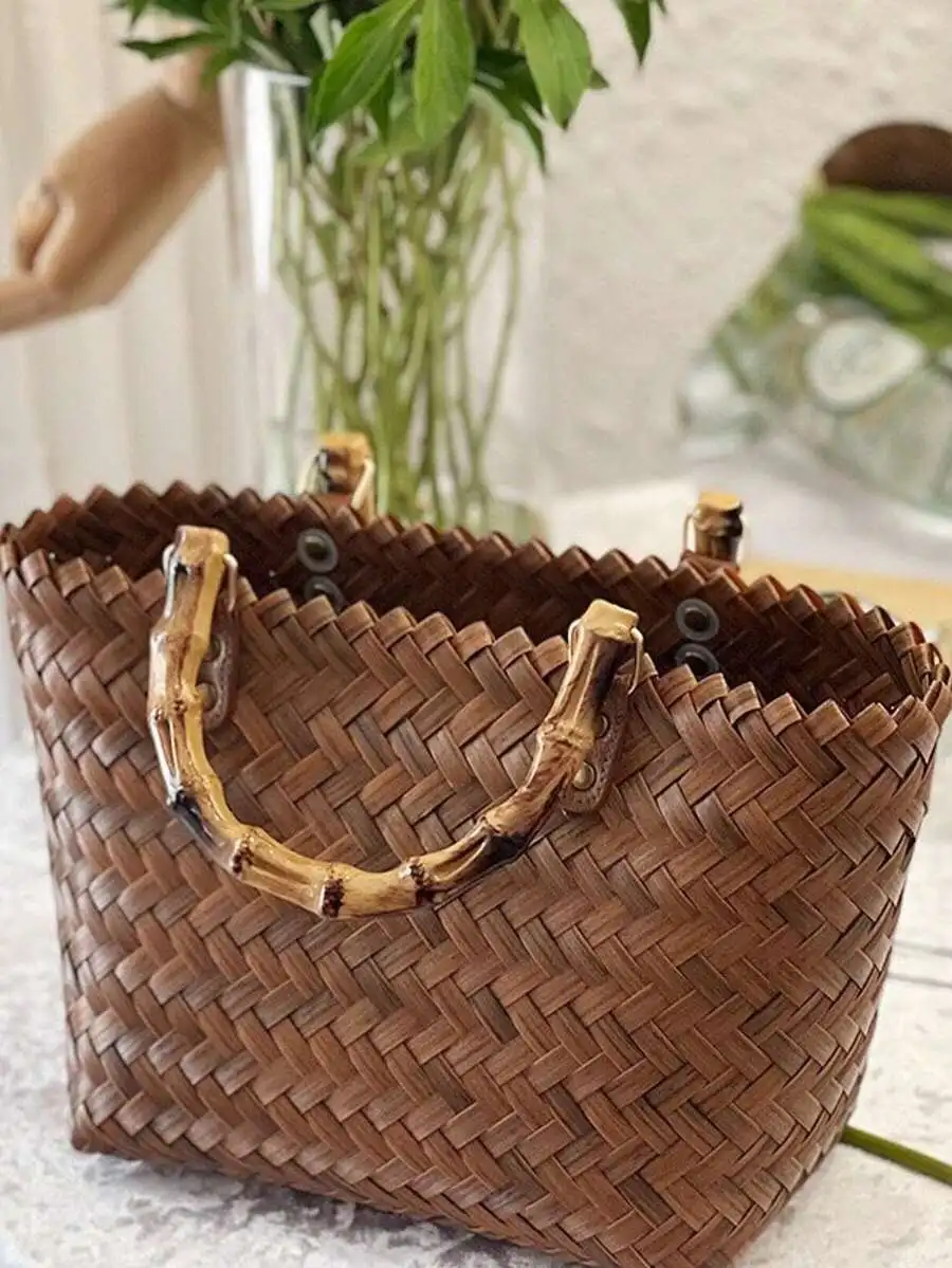 Hand-Woven Straw Bag With Bamboo Handle, Vintage Style Tote For Women
Hand-Woven Straw Bag With Bamboo Handle, Vintage Style Tote For Women
