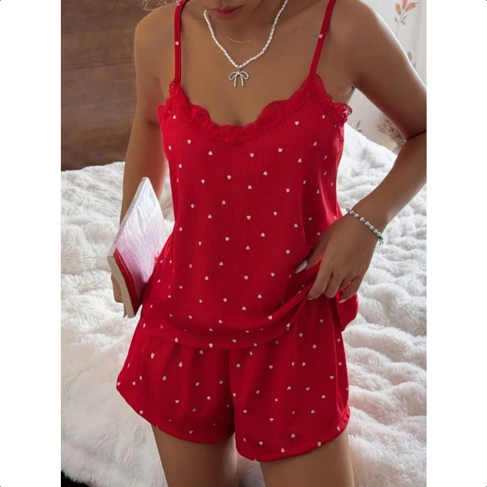 Brown Polka Dot Heart Print Pajama Set, Knitted Rib Lace Trim Camisole & Shorts 2-Piece Summer Sleepwear for Women
Brown Polka Dot Heart Print Pajama Set, Knitted Rib Lace Trim Camisole & Shorts 2-Piece Summer Sleepwear for Women