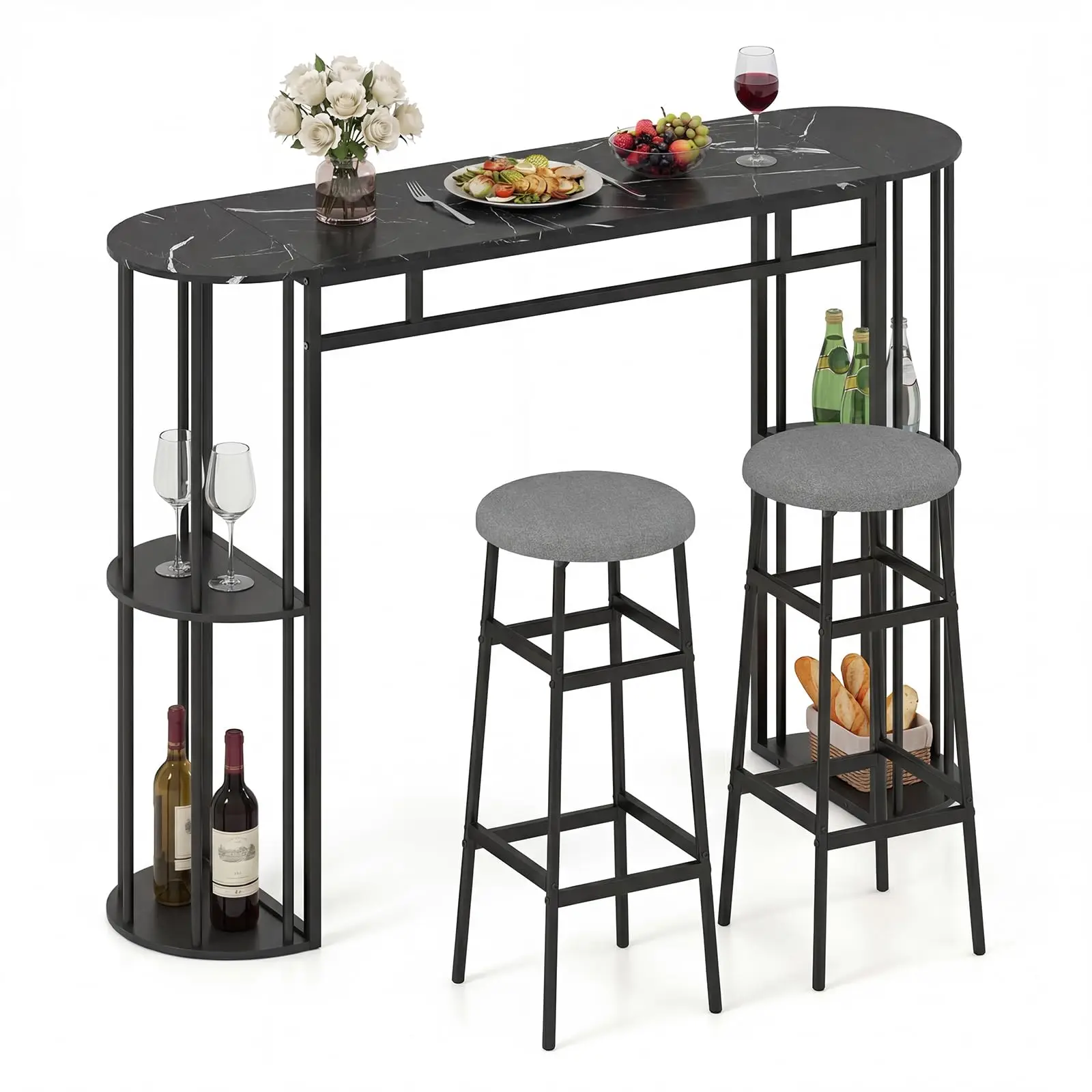 60 Inch Bar Table Set With 2 Padded Stools, Faux Marble Top, Storage Shelves, Black
60 Inch Bar Table Set With 2 Padded Stools, Faux Marble Top, Storage Shelves, Black