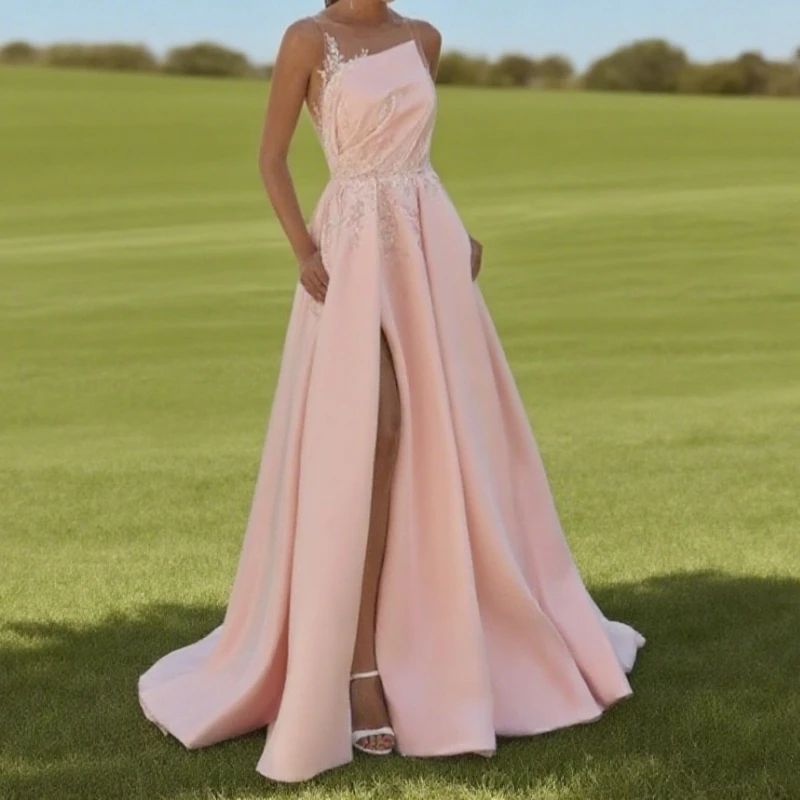 Wedding Dress for Woman Bride Sheer Round Neck Sleeveless Beading High Split A Line Satin Bridal Gown Vestido Customized
Wedding Dress for Woman Bride Sheer Round Neck Sleeveless Beading High Split A Line Satin Bridal Gown Vestido Customized