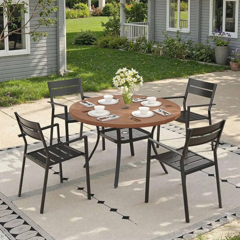 40.6 Walnut Outdoor Dining Set with Stackable Black Chairs for Patio, Garden, or Deck
40.6 Walnut Outdoor Dining Set with Stackable Black Chairs for Patio, Garden, or Deck
