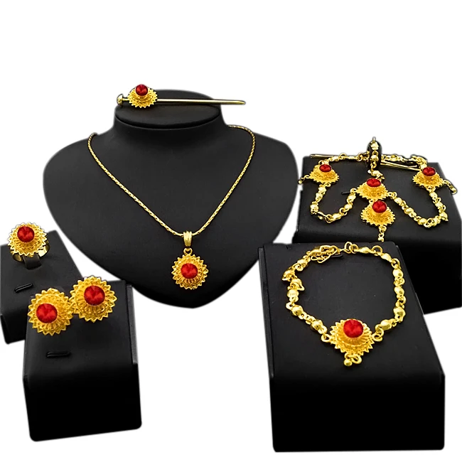 6Pcs Habesha Traditional Sunflower Jewelry Set Gold Plated Red Stone Pendant Necklace Bracelet Ring Earrings Hairpin Set
6Pcs Habesha Traditional Sunflower Jewelry Set Gold Plated Red Stone Pendant Necklace Bracelet Ring Earrings Hairpin Set