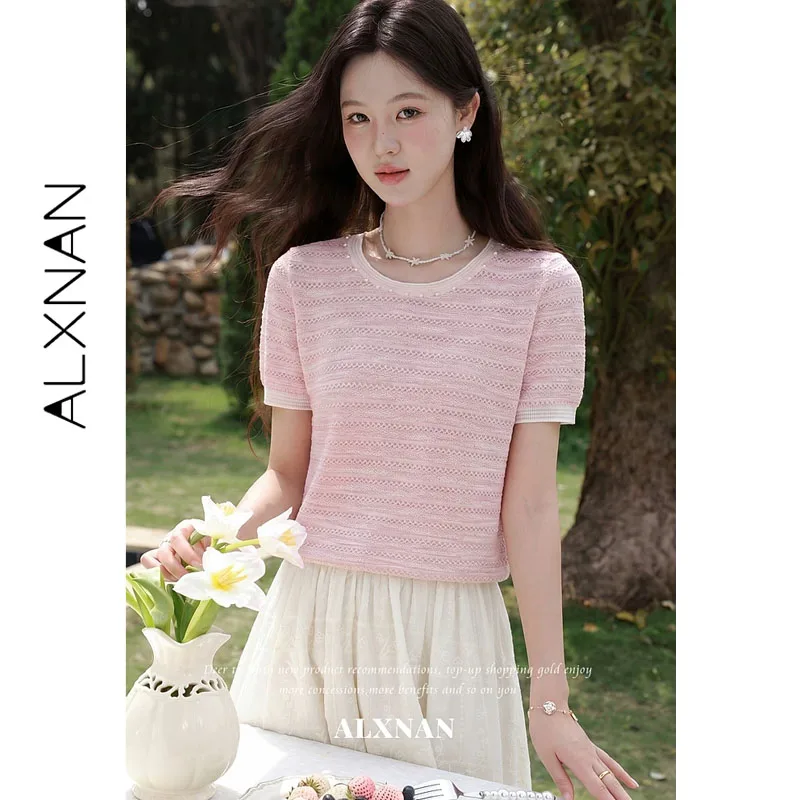 ALXNAN Pink Knit Hollow-out T-shirt with Pearl Decor Crew Neck Loose-fit Casual Fashion Tees Summer Short Sleeve Tops L656126A
ALXNAN Pink Knit Hollow-out T-shirt with Pearl Decor Crew Neck Loose-fit Casual Fashion Tees Summer Short Sleeve Tops L656126A