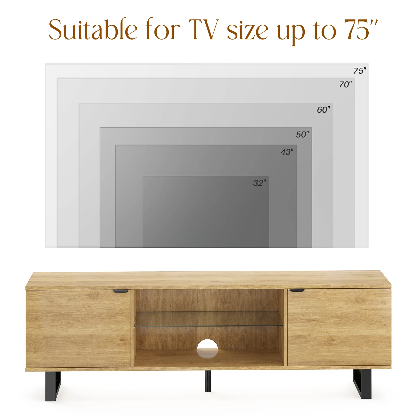 Modern TV Stand for Up to 75" TV, Adjustable Glass Shelves, Wood Top & Metal Legs, Entertainment Center for Living Room
Modern TV Stand for Up to 75" TV, Adjustable Glass Shelves, Wood Top & Metal Legs, Entertainment Center for Living Room