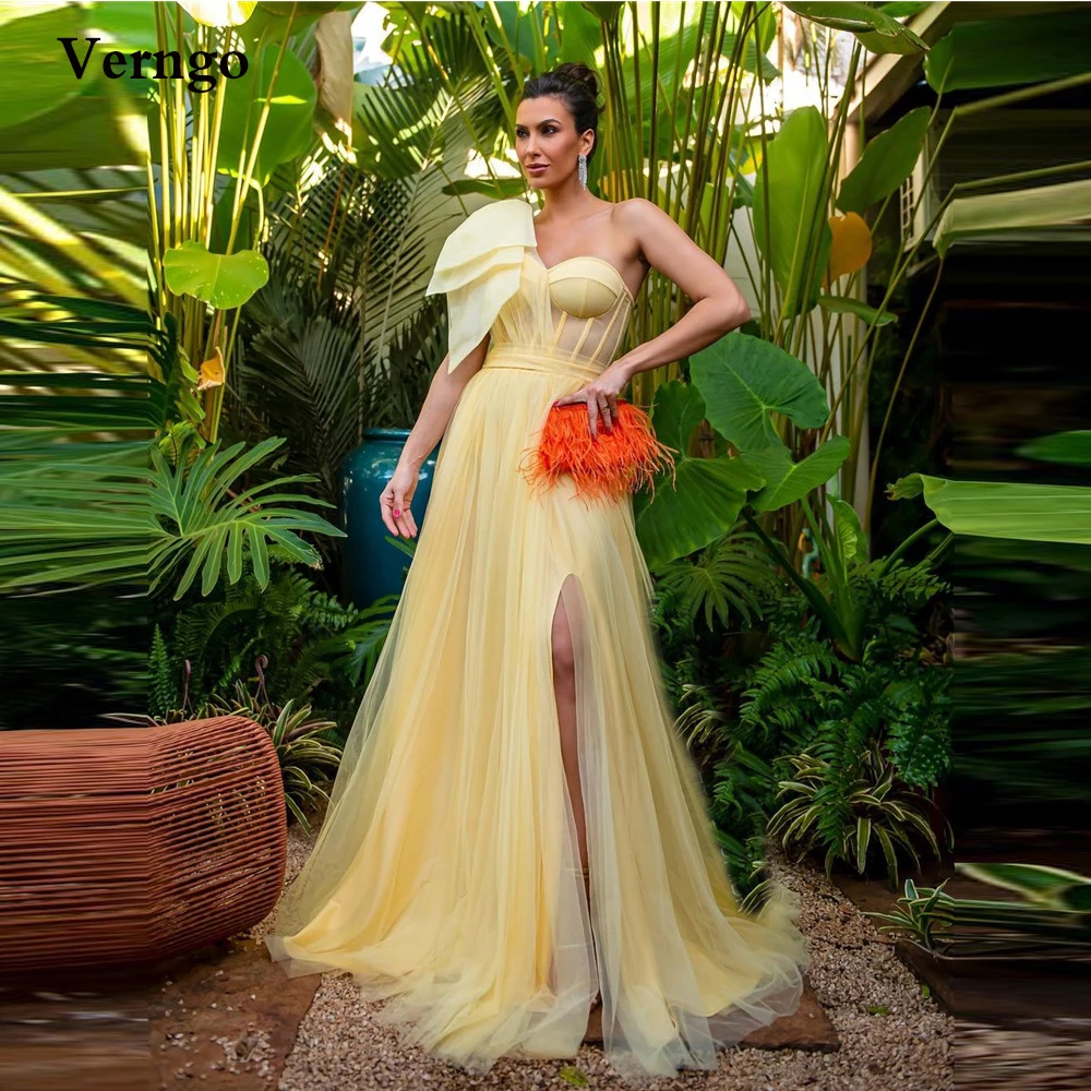 Verngo One Shoulder Bow Yellow Tulle Prom Dresses 2022 Side Slit Tulle Evening Gowns Women Formal Party Dress Robe de soiree
Verngo One Shoulder Bow Yellow Tulle Prom Dresses 2022 Side Slit Tulle Evening Gowns Women Formal Party Dress Robe de soiree