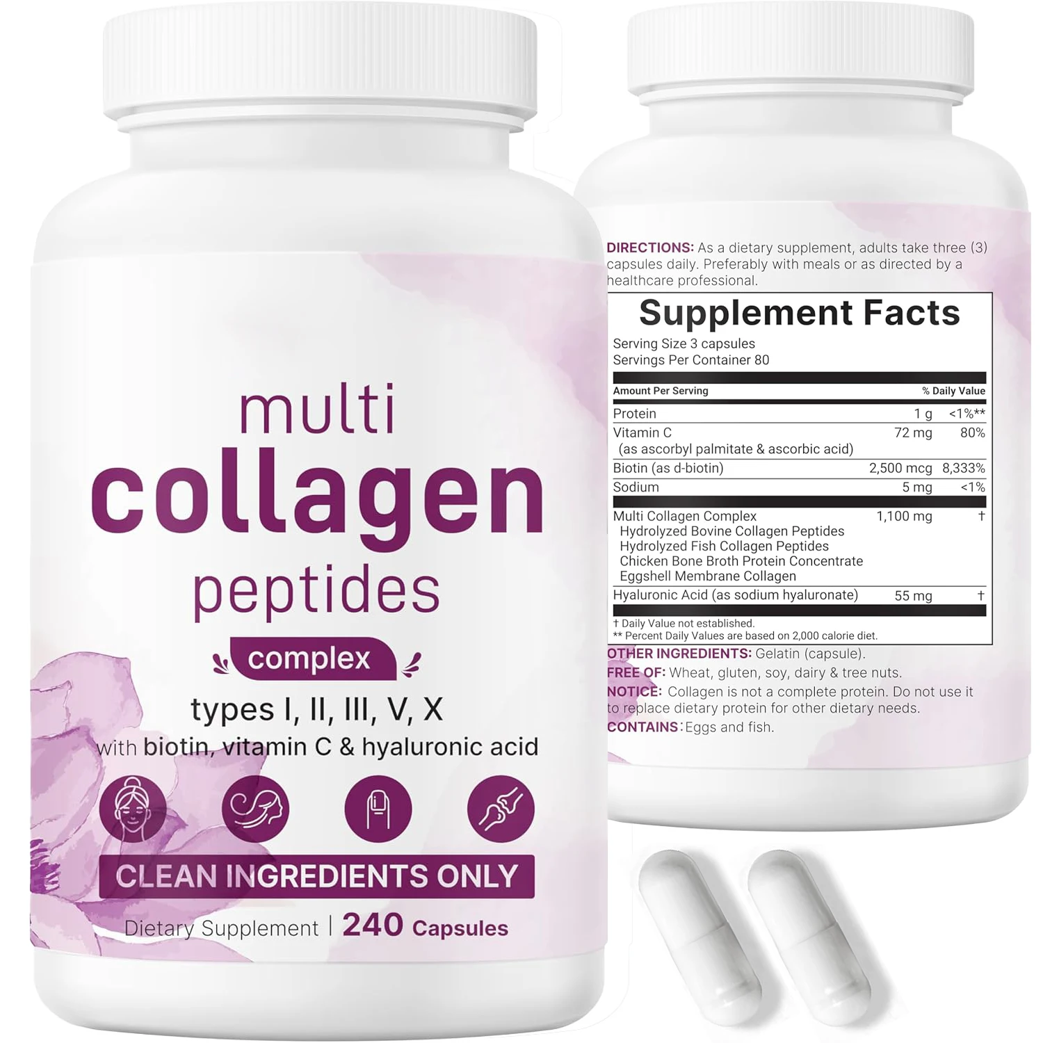 Multi Collagen Peptides Complex Capsules for Men & Women - Types I, II, III, X Collagen Supplement - Non-GMO - 240 Pills
Multi Collagen Peptides Complex Capsules for Men & Women - Types I, II, III, X Collagen Supplement - Non-GMO - 240 Pills