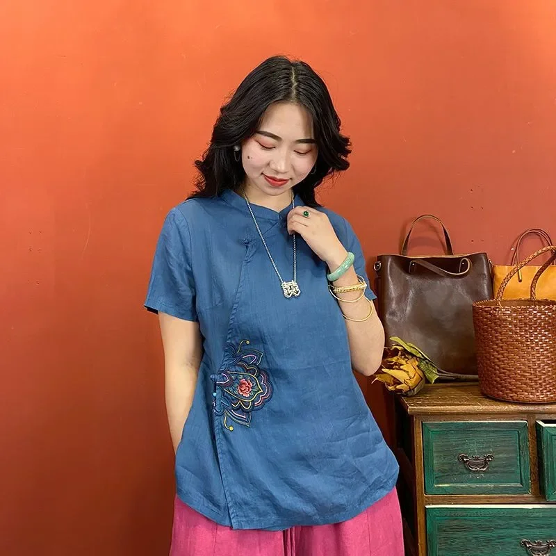 Women's Blue Linen Blouse Short Sleeve Mandarin Collar Floral Embroidery Casual Top
Women's Blue Linen Blouse Short Sleeve Mandarin Collar Floral Embroidery Casual Top
