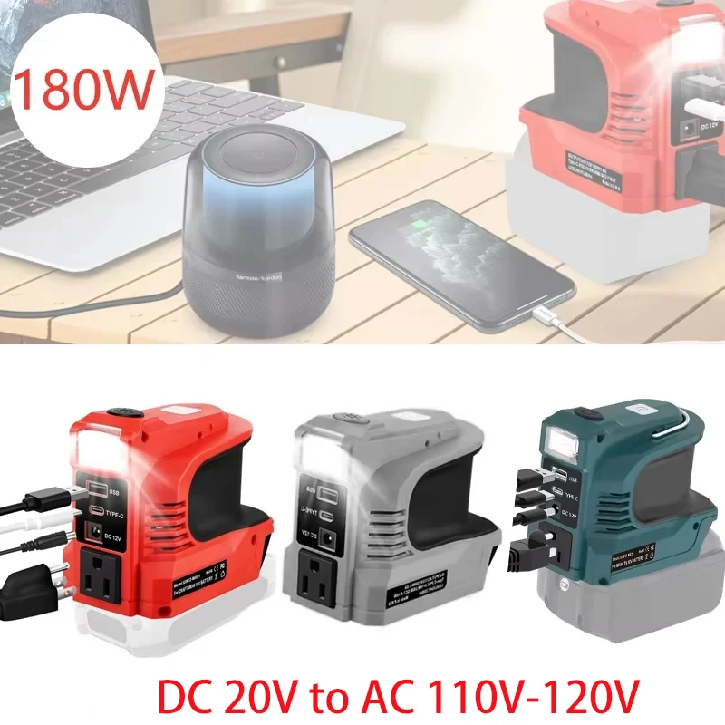 180W Power Inverter Adapter For Dewalt/Makita/Bosch/Milwaukee18V20V Battery DC 20V to AC 110-120V Power converter with LED Light
180W Power Inverter Adapter For Dewalt/Makita/Bosch/Milwaukee18V20V Battery DC 20V to AC 110-120V Power converter with LED Light