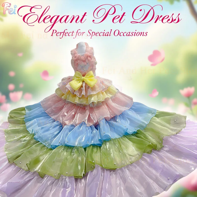 Handmade Custom Sweet Candy Rainbow Detachable Tiered Pet Dress - High-End Gown for Bichon, Teddy, Poodle Wedding & Photography 
Handmade Custom Sweet Candy Rainbow Detachable Tiered Pet Dress - High-End Gown for Bichon, Teddy, Poodle Wedding & Photography