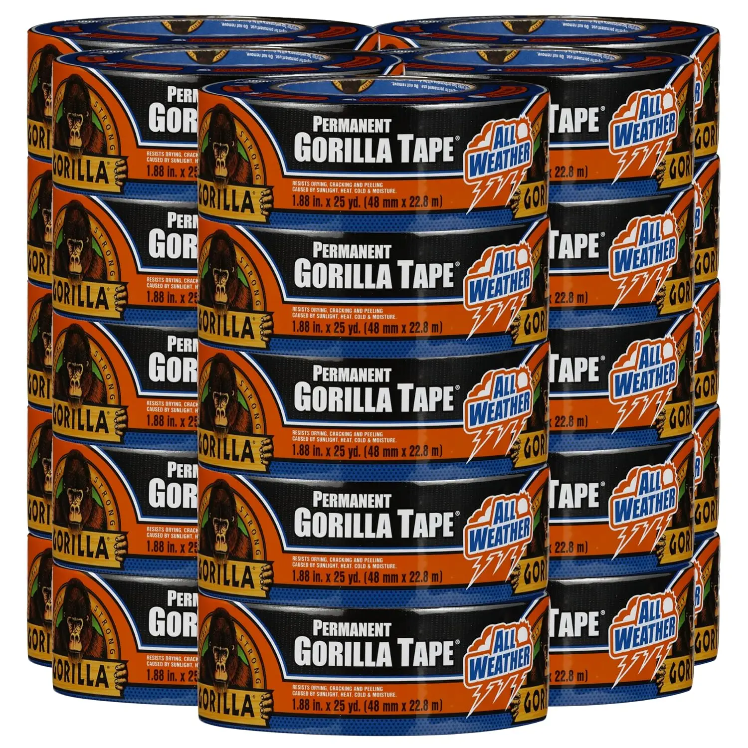 Gorilla All Weather Outdoor Waterproof Duct Tape, UV and Temperature Resistant, 1.88" x 25 yd, Black, (Pack of 25)
Gorilla All Weather Outdoor Waterproof Duct Tape, UV and Temperature Resistant, 1.88" x 25 yd, Black, (Pack of 25)