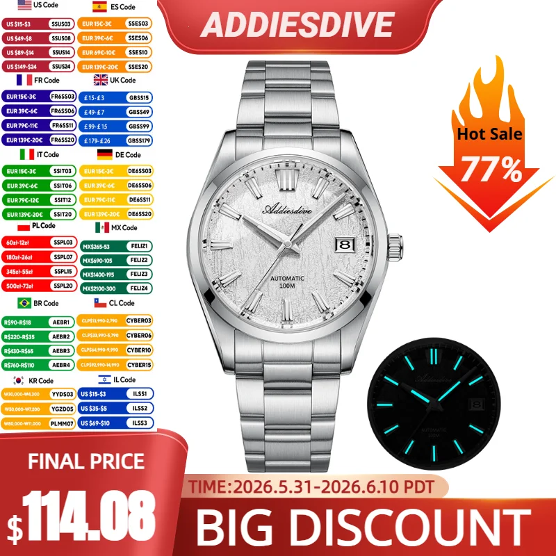 ADDIESDIVE Automatic Watches For Men NEW AD2075 Bark Texture Sapphire Stainless Luminous 100m Waterproof Luxury Mechanical Watch
ADDIESDIVE Automatic Watches For Men NEW AD2075 Bark Texture Sapphire Stainless Luminous 100m Waterproof Luxury Mechanical Watch