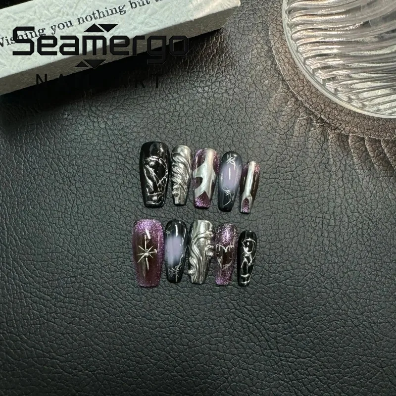 10PCS Sweet Cool Dark Purple Cat Eye Handmade False Nails Gothic Medium Coffin Metallic Silver Snake Star Pattern Press on Nails
10PCS Sweet Cool Dark Purple Cat Eye Handmade False Nails Gothic Medium Coffin Metallic Silver Snake Star Pattern Press on Nails