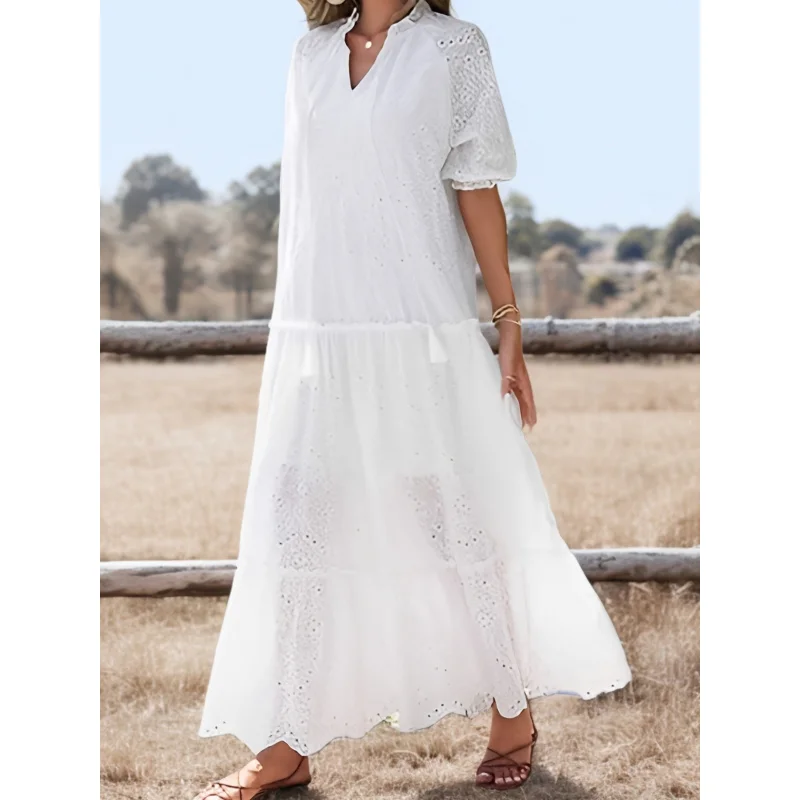 Women's White V-Neck Maxi Dress - Vintage Floral Embroidery Puff Sleeve Party Dress, Lightweight A-Line Summer Gown
Women's White V-Neck Maxi Dress - Vintage Floral Embroidery Puff Sleeve Party Dress, Lightweight A-Line Summer Gown