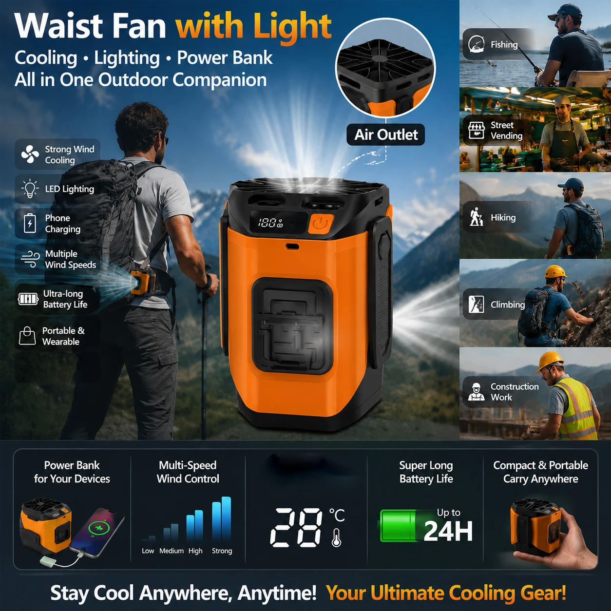 Portable Waist Fan Body Cooling Fan LED Lighting Hanging Neck Fan 5 Speed Strong Airflow Cooling Fan for Outdoor Working
Portable Waist Fan Body Cooling Fan LED Lighting Hanging Neck Fan 5 Speed Strong Airflow Cooling Fan for Outdoor Working