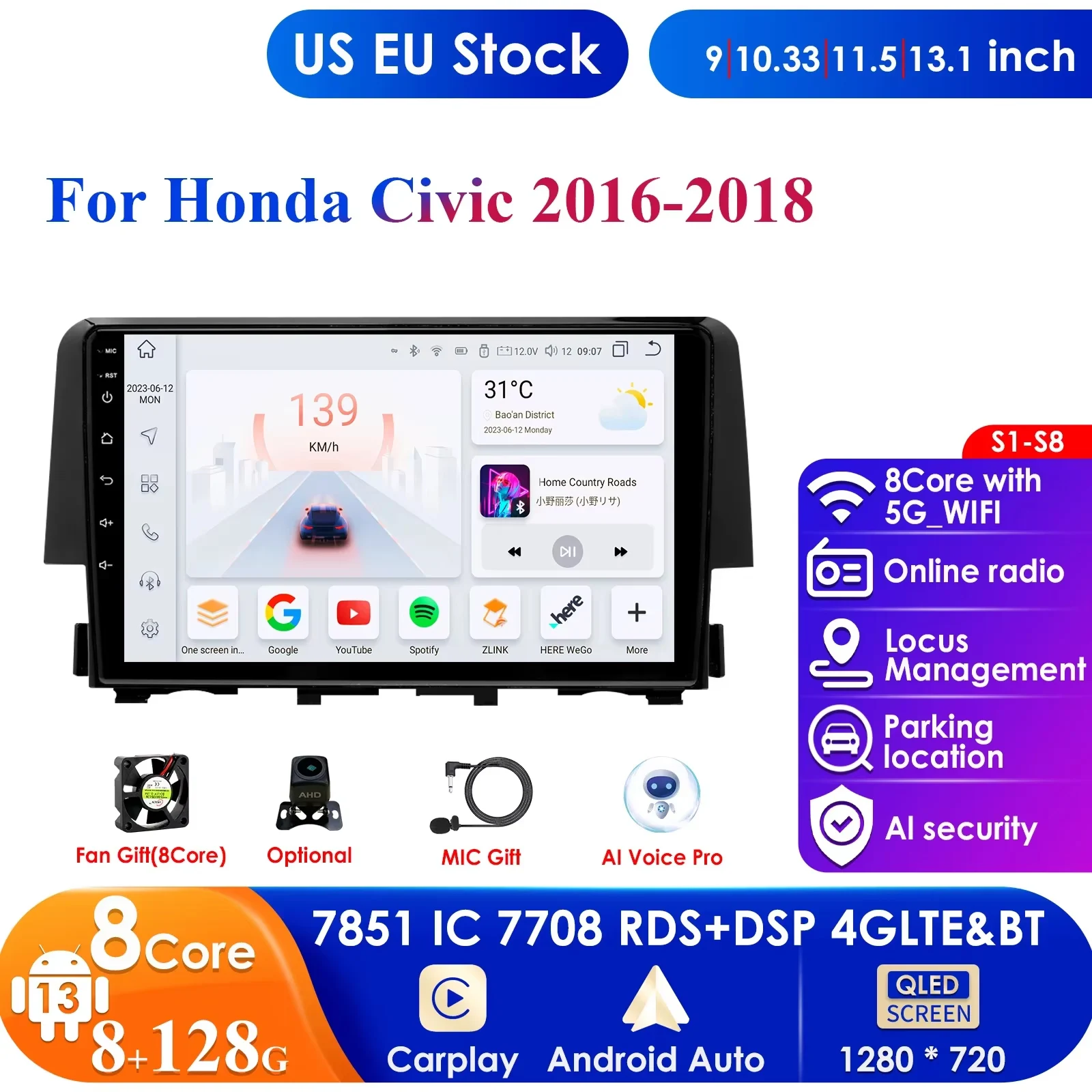 Hizpo 4G 9'' AI Intelligent Systems Wireless CarPlay Android Auto Radio for Honda Civic Car Multimedia GPS 2din Autoradio Stereo
Hizpo 4G 9'' AI Intelligent Systems Wireless CarPlay Android Auto Radio for Honda Civic Car Multimedia GPS 2din Autoradio Stereo