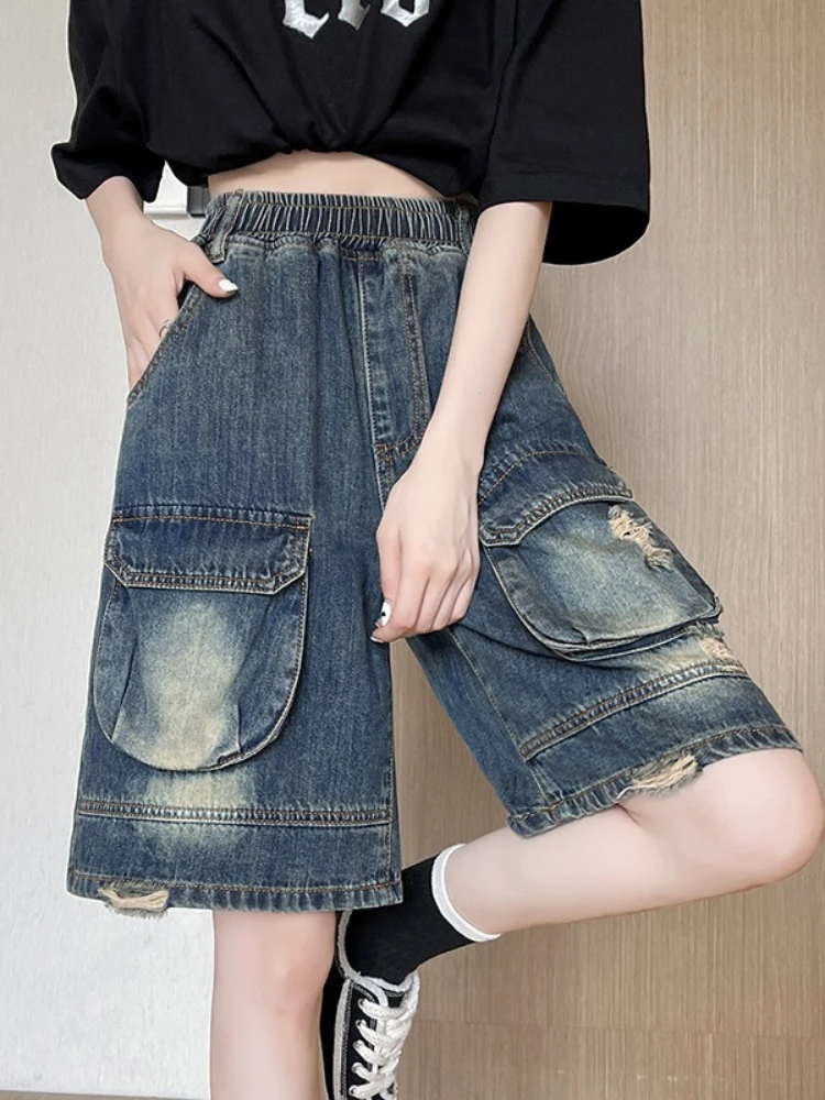 Cargo denim shorts for women new large size elastic waistband mid length pants loose wide leg perforated five quarter pants
Cargo denim shorts for women new large size elastic waistband mid length pants loose wide leg perforated five quarter pants