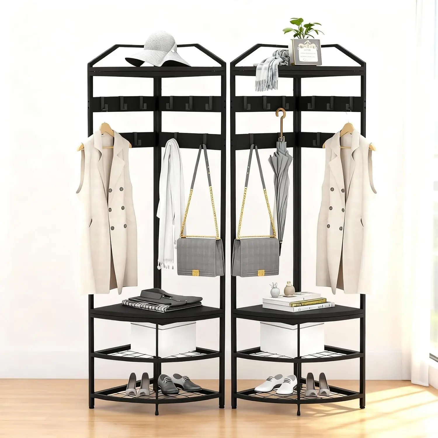 Corner Hall Tree with Shoe Rack, Entryway Coat Rack with 6 Metal Movable Hooks , Clothes Rack Organizer for Bedroom Entryway
Corner Hall Tree with Shoe Rack, Entryway Coat Rack with 6 Metal Movable Hooks , Clothes Rack Organizer for Bedroom Entryway