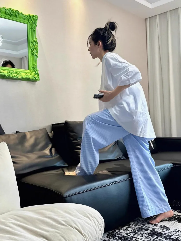 Blue Striped Loose Wide Leg Pants Women's Summer Lazy Home Sleepwear Casual Stroll High Waist Elastic Korean Style Commute
Blue Striped Loose Wide Leg Pants Women's Summer Lazy Home Sleepwear Casual Stroll High Waist Elastic Korean Style Commute