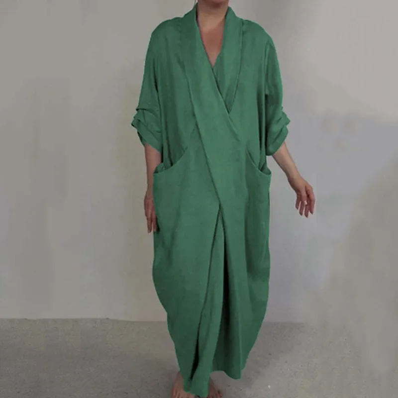 Summer Casual Half Sleeved Pocket Loose Dress Ladies Office Pleated Solid Long Dress Vintage Women V Neck Cross Commuting Dress
Summer Casual Half Sleeved Pocket Loose Dress Ladies Office Pleated Solid Long Dress Vintage Women V Neck Cross Commuting Dress