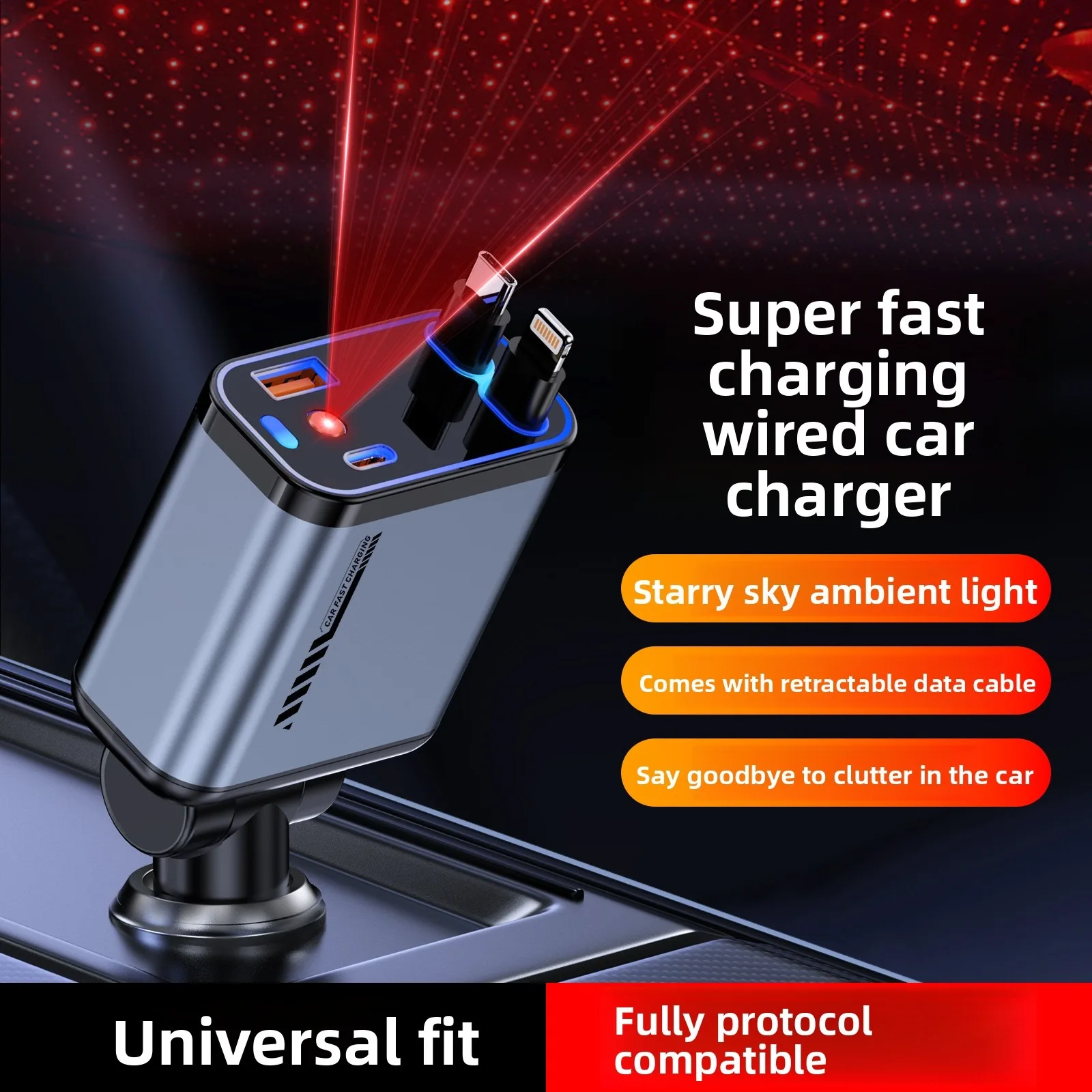 4 in 1 USB Car Charger, Retractable Cigarette Lighter Adapter with Type-C Fast Charging Cable Star Light, Compatible IOS Android
4 in 1 USB Car Charger, Retractable Cigarette Lighter Adapter with Type-C Fast Charging Cable Star Light, Compatible IOS Android