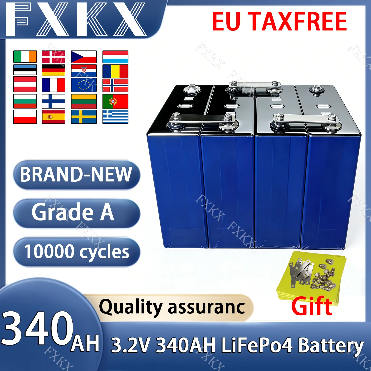 Brand new A-class 340Ah rechargeable battery with 10000 cycles LiFePO4 3.2V, suitable for DIY 12V 24V RV electric vehicle solar
Brand new A-class 340Ah rechargeable battery with 10000 cycles LiFePO4 3.2V, suitable for DIY 12V 24V RV electric vehicle solar