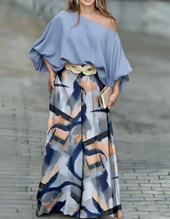 Women's 2-Piece Diagonal Shoulder Batwing Sleeve Elastic Hem Top Casual Abstract Print Zipper and Flying Wing Wide Leg Pants Set
Women's 2-Piece Diagonal Shoulder Batwing Sleeve Elastic Hem Top Casual Abstract Print Zipper and Flying Wing Wide Leg Pants Set