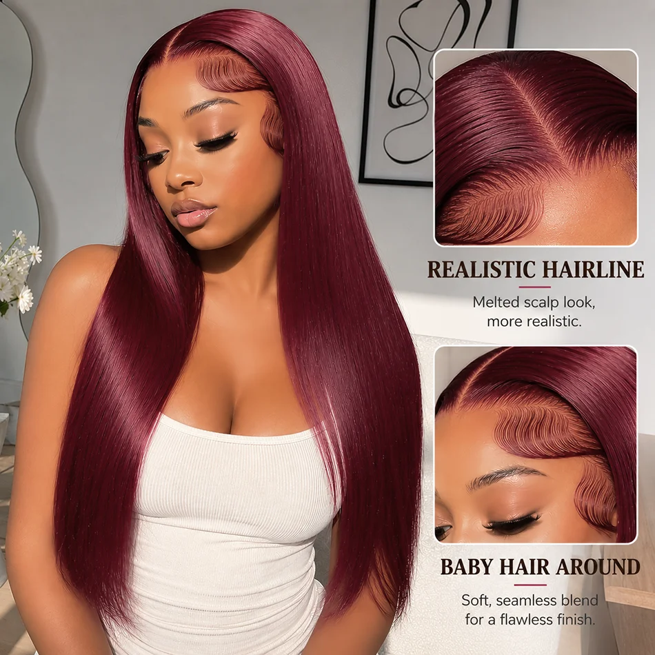 200 Density 99J Burgundy Straight Human Hair 13x4 HD Lace Frontal Wig Pre-Preplucked Red Wine Color for Women
200 Density 99J Burgundy Straight Human Hair 13x4 HD Lace Frontal Wig Pre-Preplucked Red Wine Color for Women