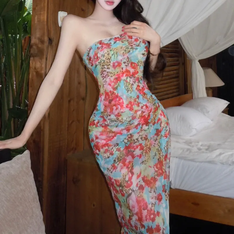 Women Colorful Floral Print Strapless Mesh Maxi Dress Side Ruched High Split Slim Bodycon Summer Vacation Beach Long Slip Dress
Women Colorful Floral Print Strapless Mesh Maxi Dress Side Ruched High Split Slim Bodycon Summer Vacation Beach Long Slip Dress