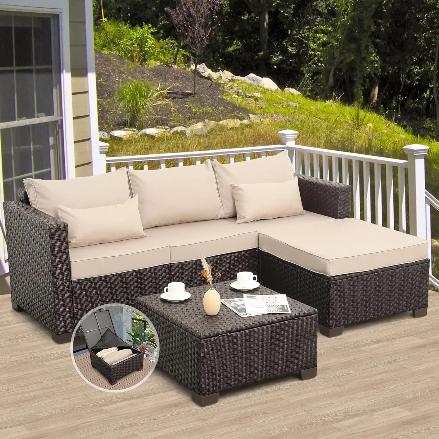 Patio Furniture Set - 3 Piece Outdoor Sectional Sofa Set with Wicker Couch,Ottoman, Anti-Slip Cushions & Waterproof Covers,Khaki
Patio Furniture Set - 3 Piece Outdoor Sectional Sofa Set with Wicker Couch,Ottoman, Anti-Slip Cushions & Waterproof Covers,Khaki