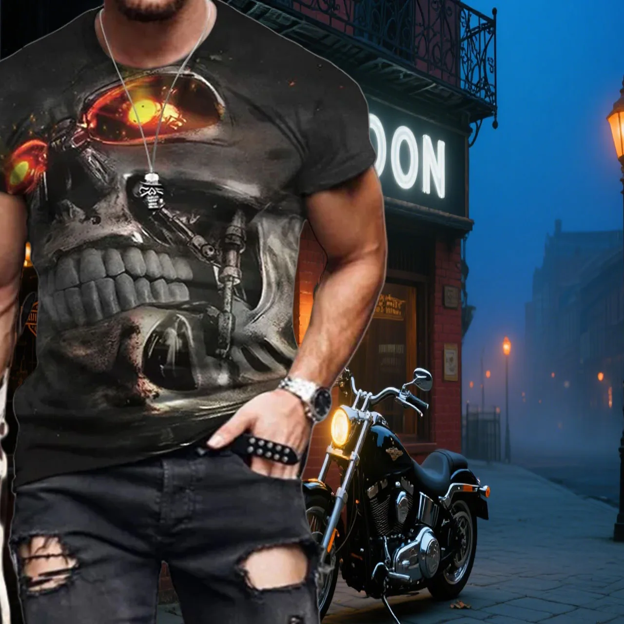 Men's 3D Retro Motorcycle Loose Short Sleeved T-shirt with Personalized Skeleton Printing Breathable Quick Drying Sports T-shirt
Men's 3D Retro Motorcycle Loose Short Sleeved T-shirt with Personalized Skeleton Printing Breathable Quick Drying Sports T-shirt