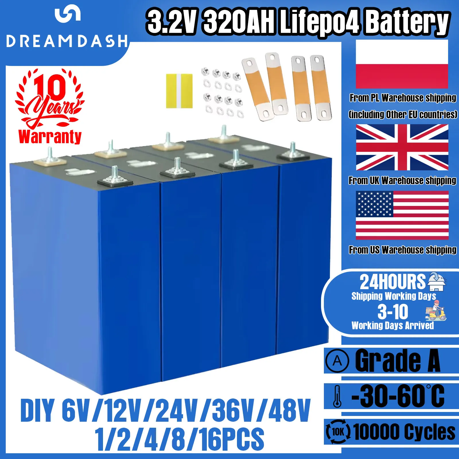 Dreamdash LiFePO4 Battery Grade A 320Ah 10000 Cycles 3.2V Rechargeable Phosphate Cell DIY 12V 24V 48V lifepo4 battery
Dreamdash LiFePO4 Battery Grade A 320Ah 10000 Cycles 3.2V Rechargeable Phosphate Cell DIY 12V 24V 48V lifepo4 battery