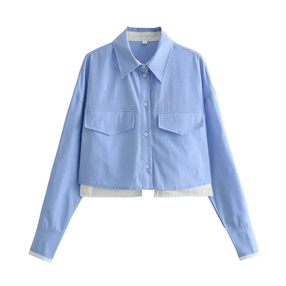 2024ZAR * Spring/Summer Hot Selling New Women's Wear Spliced Long sleeved Lapel Short Oxford Shirt Blue Top
2024ZAR * Spring/Summer Hot Selling New Women's Wear Spliced Long sleeved Lapel Short Oxford Shirt Blue Top