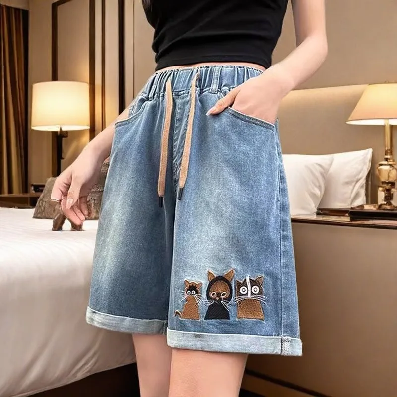 Plus Size High Waist Embroidered Denim Shorts for Women, Summer Thin Elastic Waist, Loose Straight Knee Length Shorts Slim Fit
Plus Size High Waist Embroidered Denim Shorts for Women, Summer Thin Elastic Waist, Loose Straight Knee Length Shorts Slim Fit