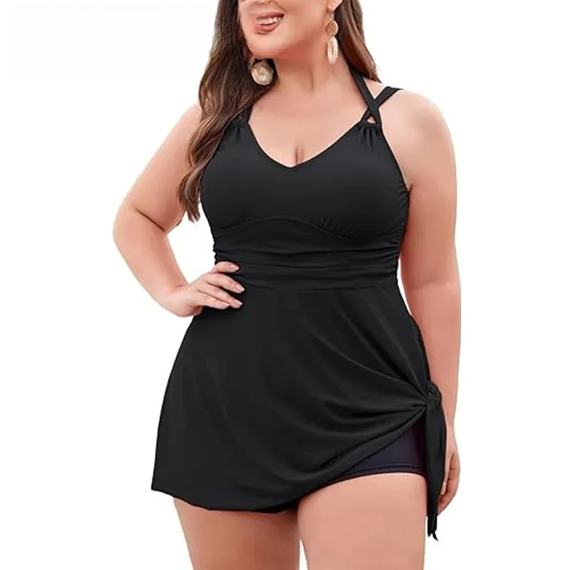 Women Plus Size Swimwear Two Piece Black Tankini Swimdress V Neck Halter Floral Asymmetrical Hem Skirted Swimsuits with Boyshort
Women Plus Size Swimwear Two Piece Black Tankini Swimdress V Neck Halter Floral Asymmetrical Hem Skirted Swimsuits with Boyshort