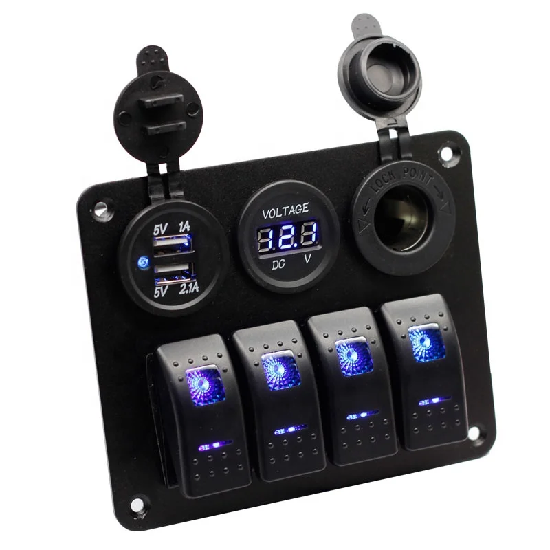 4 Gang Rocker Switch Panel ON Off LED Light Switch with 3.1A USB Digital Voltmeter Cigarette Lighter Socket
4 Gang Rocker Switch Panel ON Off LED Light Switch with 3.1A USB Digital Voltmeter Cigarette Lighter Socket