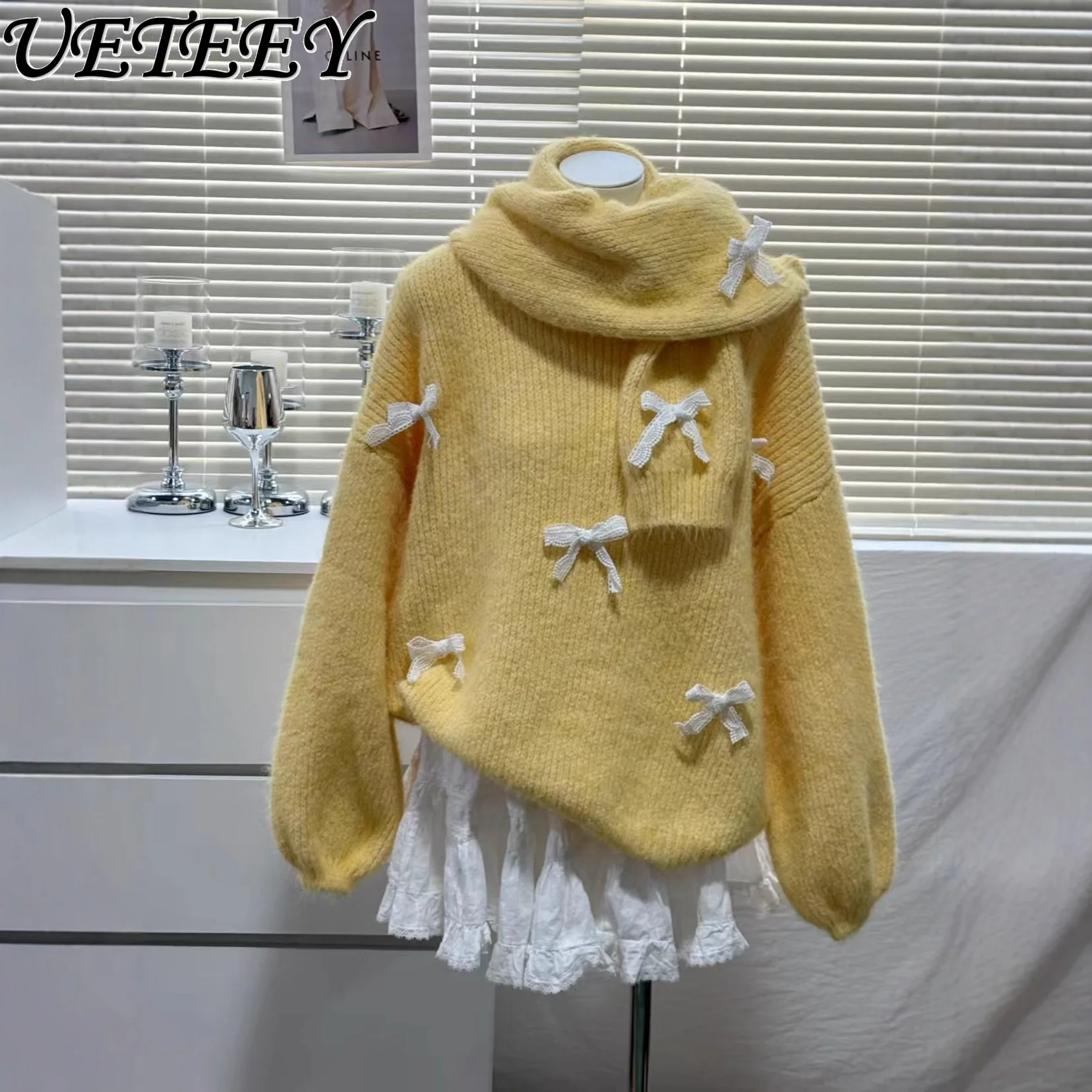 Autumn Winter New Versatile Outerwear Bow Long Sleeve Sweater Top Loose Sweet Gentle Knitted Pullover for Women with Scarf
Autumn Winter New Versatile Outerwear Bow Long Sleeve Sweater Top Loose Sweet Gentle Knitted Pullover for Women with Scarf