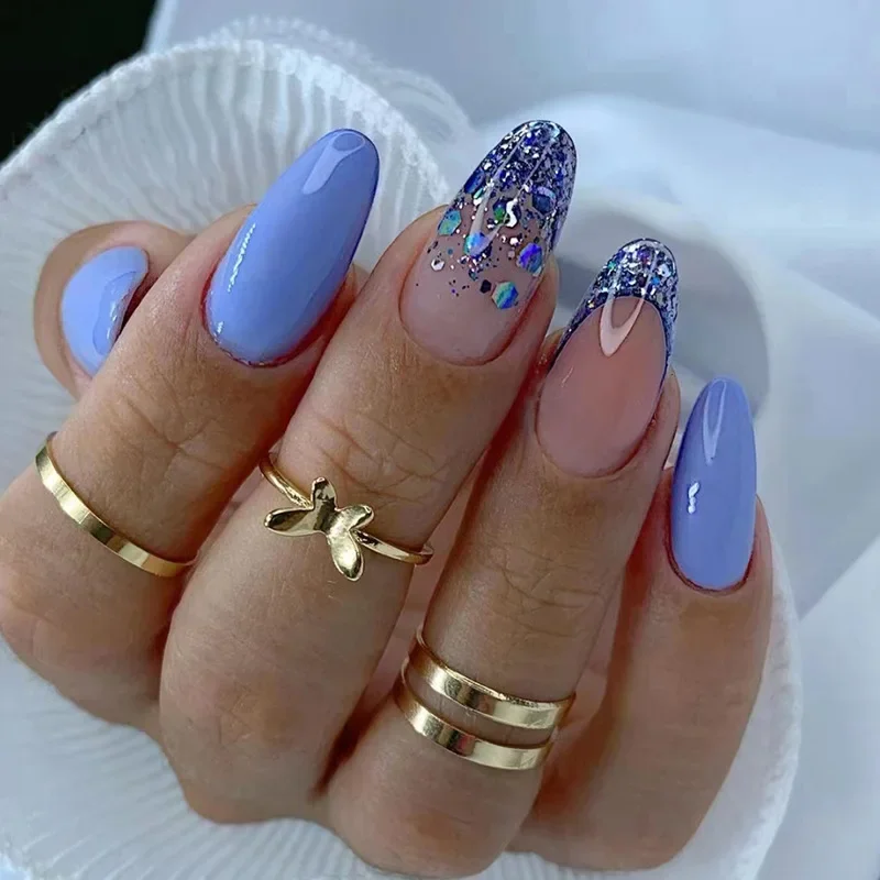 24Pcs Blue French Glitter Press on Nails Mid-length Almond Fake Nail Wearable Round Head False Nails Full Cover Nail Tips
24Pcs Blue French Glitter Press on Nails Mid-length Almond Fake Nail Wearable Round Head False Nails Full Cover Nail Tips