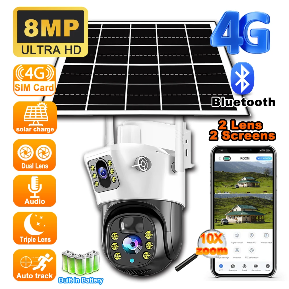 8MP 4K Solar Camera 4G Outdoor HD Dual Lens 10X Zoom PTZ IP Cameras 360 Monitor Outdoor PIR Human Detection Night Vision CCTV
8MP 4K Solar Camera 4G Outdoor HD Dual Lens 10X Zoom PTZ IP Cameras 360 Monitor Outdoor PIR Human Detection Night Vision CCTV