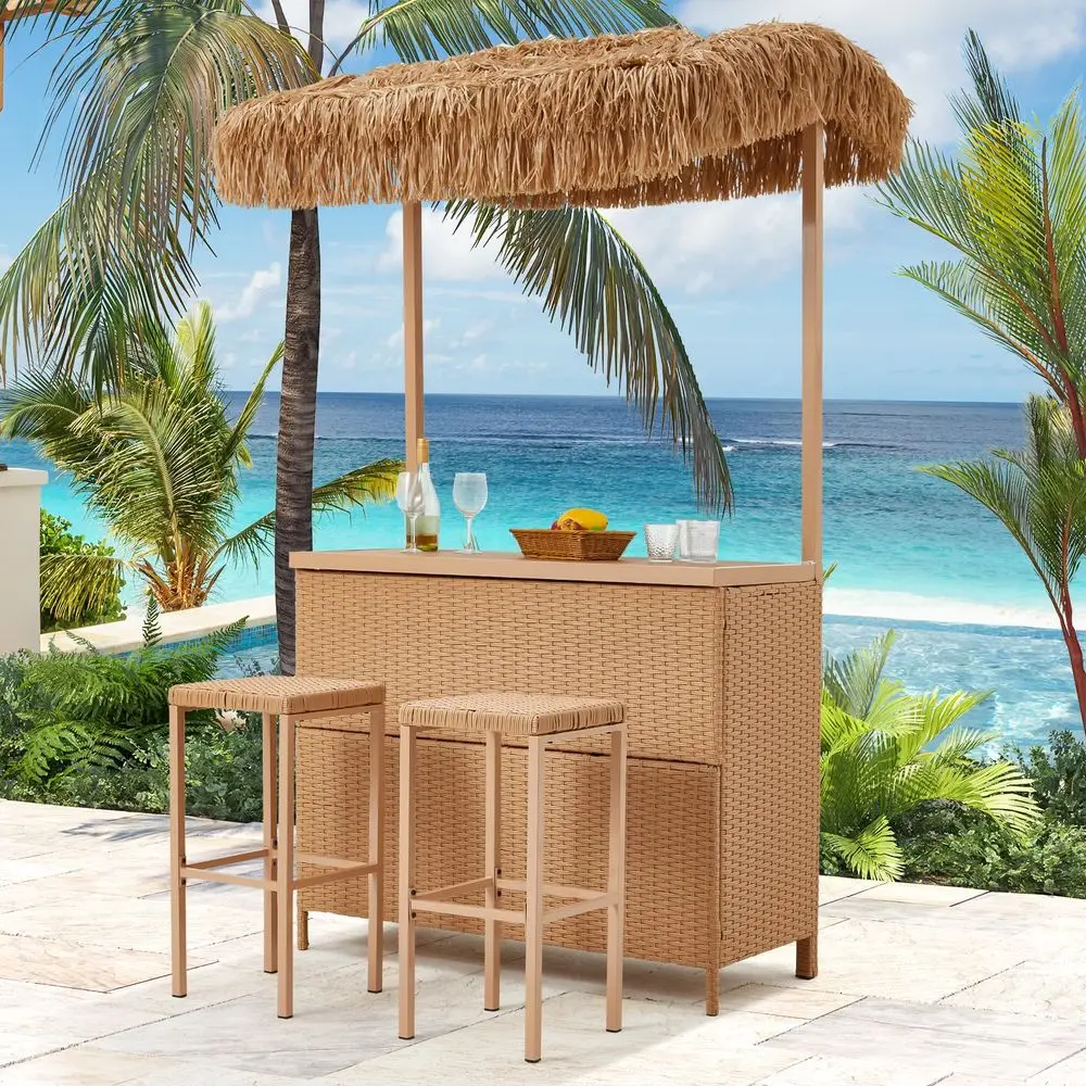Outdoor Tiki Bar Set, 3 Pieces Wicker Patio Bar Set w 2 Height Stools, Storage Shelf, Canopy, Plastic Wood Tabletop for Backyar
Outdoor Tiki Bar Set, 3 Pieces Wicker Patio Bar Set w 2 Height Stools, Storage Shelf, Canopy, Plastic Wood Tabletop for Backyar