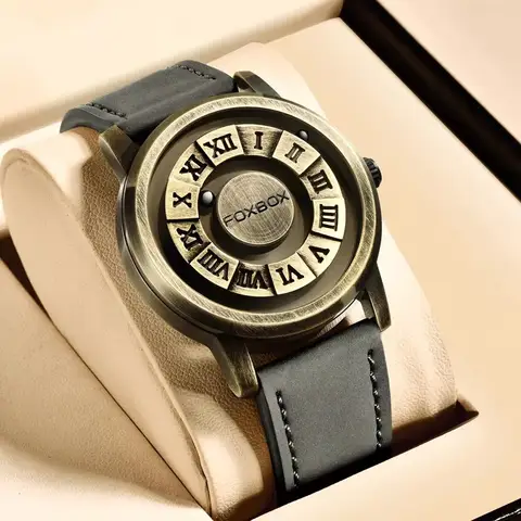 FOXBOX Men's Quartz Watch Fashion Personality Creative Scrolling Iron Ball Magnetic Pointer Waterproof for Male Watches Gift+Box