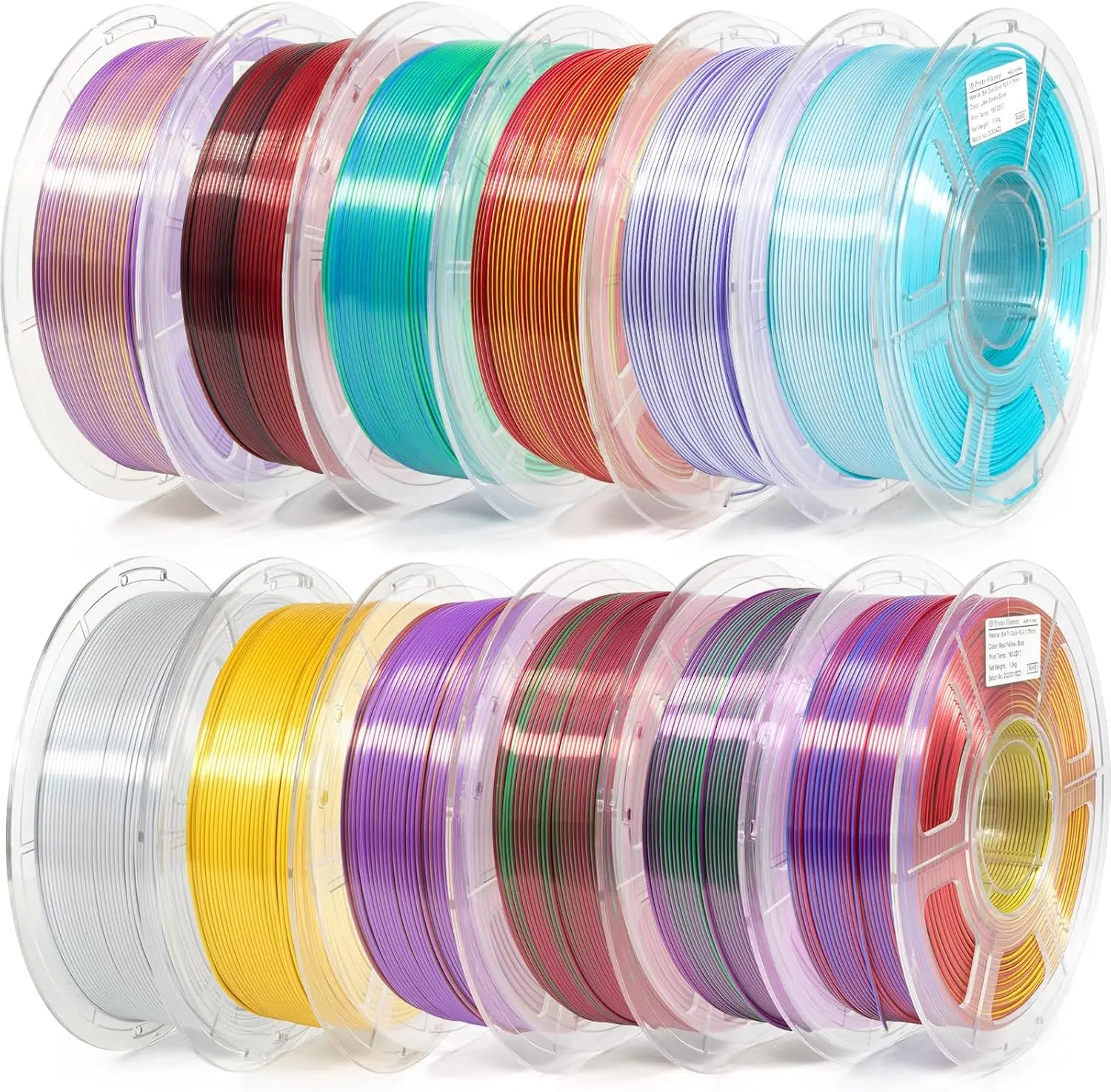 PLA 3D Printer Filament Bundle 12 Rolls, Dual and Triple Color Silk 1.75mm, 6 Triple + 6 Dual Color
PLA 3D Printer Filament Bundle 12 Rolls, Dual and Triple Color Silk 1.75mm, 6 Triple + 6 Dual Color