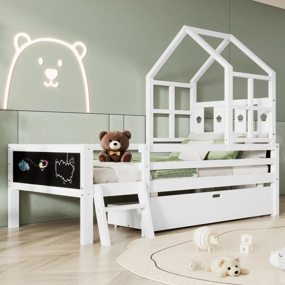 Twin Size House Bed with Ladder and Storage Drawers for Kid Bedroom,Solid Wood Platfrom Bedframe with 2 Blackboard Design
Twin Size House Bed with Ladder and Storage Drawers for Kid Bedroom,Solid Wood Platfrom Bedframe with 2 Blackboard Design