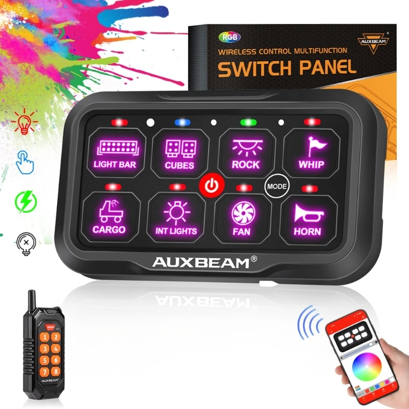 Auxbeam RGB 8 Gang Switch Panel with App/Remote Control Electronic Relay System (One-Sided Outlet) for SUV UTV ATV
Auxbeam RGB 8 Gang Switch Panel with App/Remote Control Electronic Relay System (One-Sided Outlet) for SUV UTV ATV