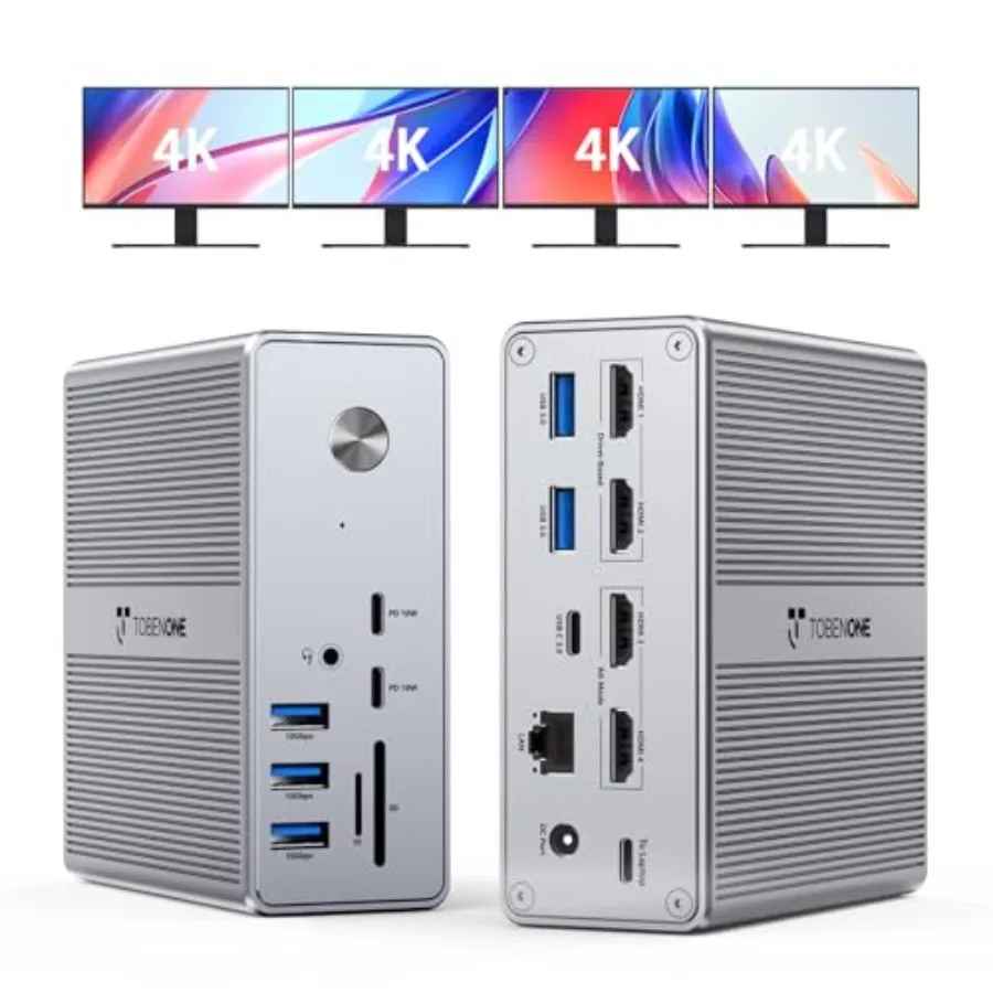 Docking Station for 4 Monitor Setup with 4 HDMI Ports, Aluminum Body, Black, 18-in-1 Connectivity Including 4K@60Hz Quad/Triple
Docking Station for 4 Monitor Setup with 4 HDMI Ports, Aluminum Body, Black, 18-in-1 Connectivity Including 4K@60Hz Quad/Triple