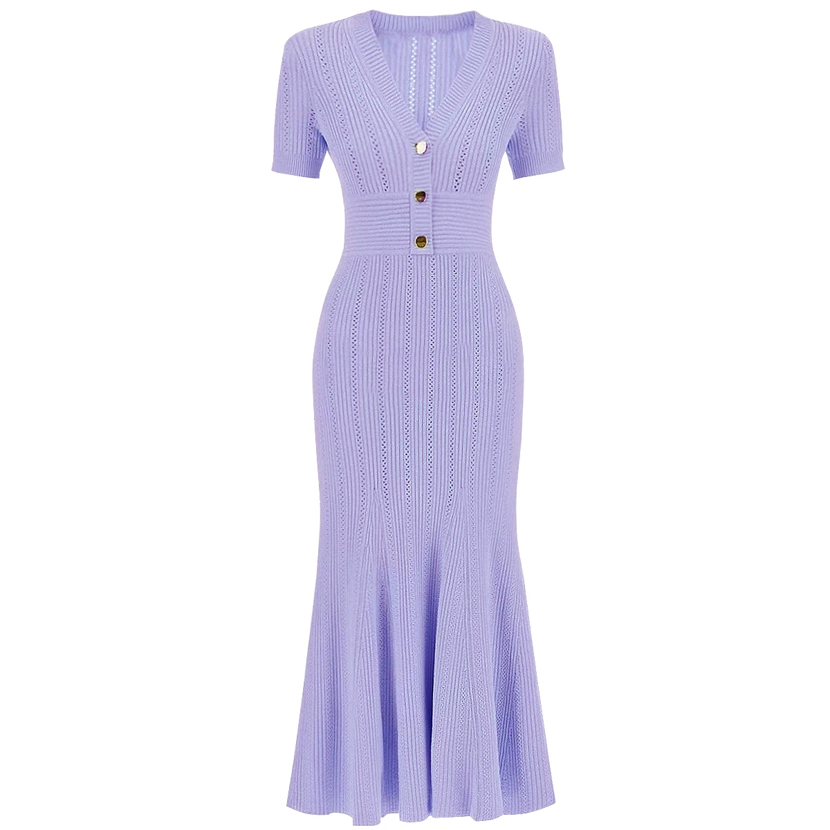 High Quality Elastic Knitted New Fashionable V-neck Button Short Sleeved Fish Tail Slimming Temperament Women's Dress
High Quality Elastic Knitted New Fashionable V-neck Button Short Sleeved Fish Tail Slimming Temperament Women's Dress