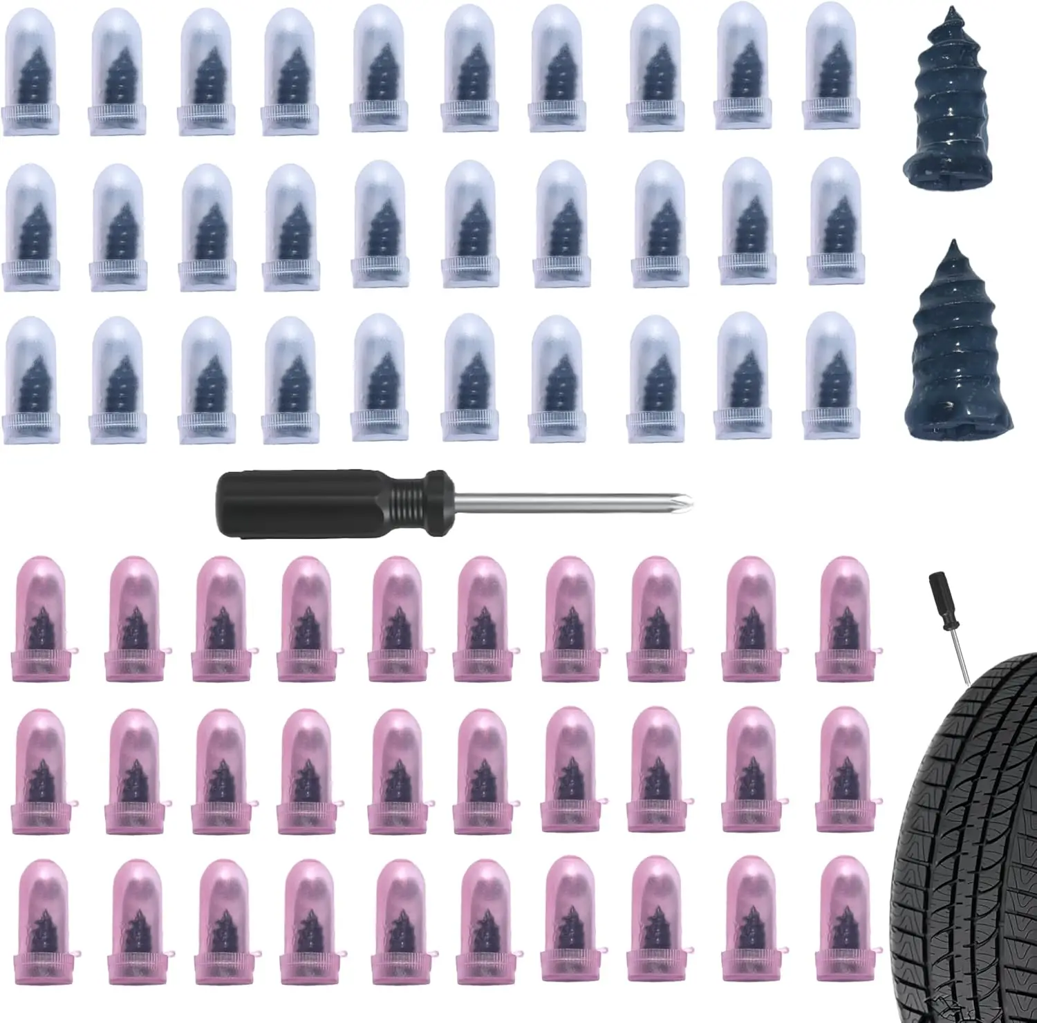 61 PCS Tire Repair Rubber Nail Kit, Vacuum Spiral Screws, Fast Self-Service Tool for Car Truck Motorcycle Tractor
61 PCS Tire Repair Rubber Nail Kit, Vacuum Spiral Screws, Fast Self-Service Tool for Car Truck Motorcycle Tractor