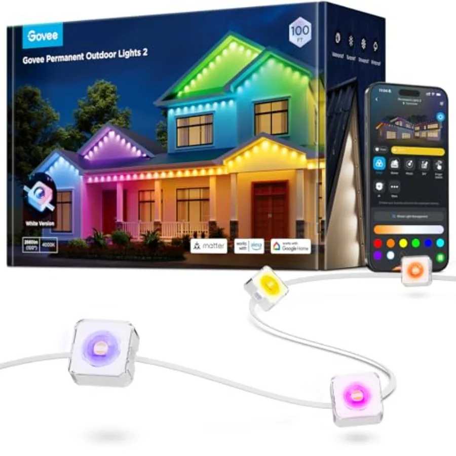 Permanent Outdoor Lights 2, 100ft RGBIC Outdoor Lights with 16 Million Colors and 100 Scene Modes, IP67 Waterproof, Holiday and
Permanent Outdoor Lights 2, 100ft RGBIC Outdoor Lights with 16 Million Colors and 100 Scene Modes, IP67 Waterproof, Holiday and