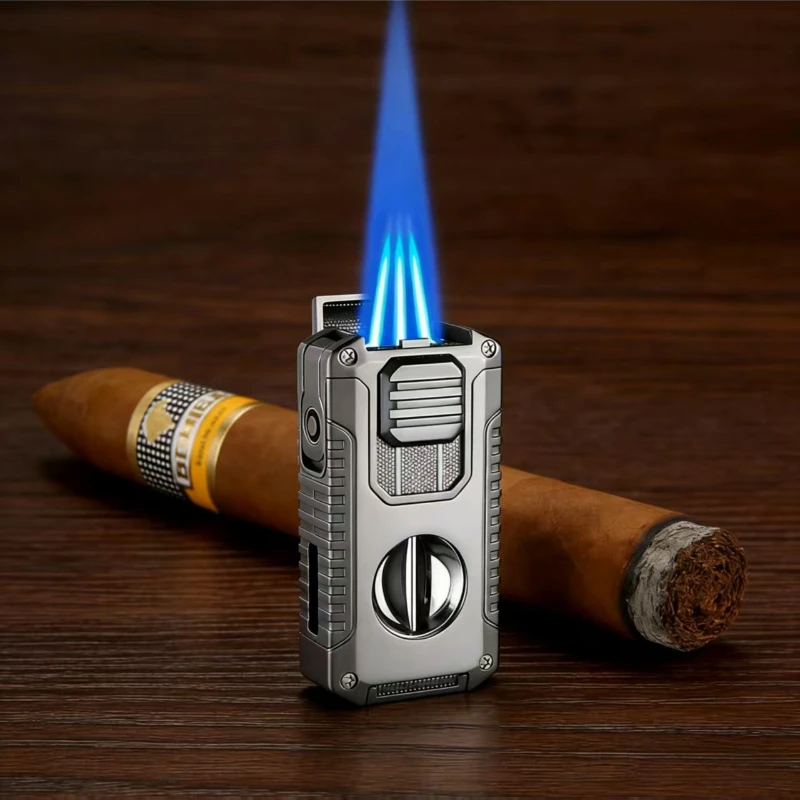 Strong Three Flame Cigar Lighter Multi-function V-shaped Cigar Cutter Bottom Cigar Drill Thru Needle Visual Gas Window
Strong Three Flame Cigar Lighter Multi-function V-shaped Cigar Cutter Bottom Cigar Drill Thru Needle Visual Gas Window