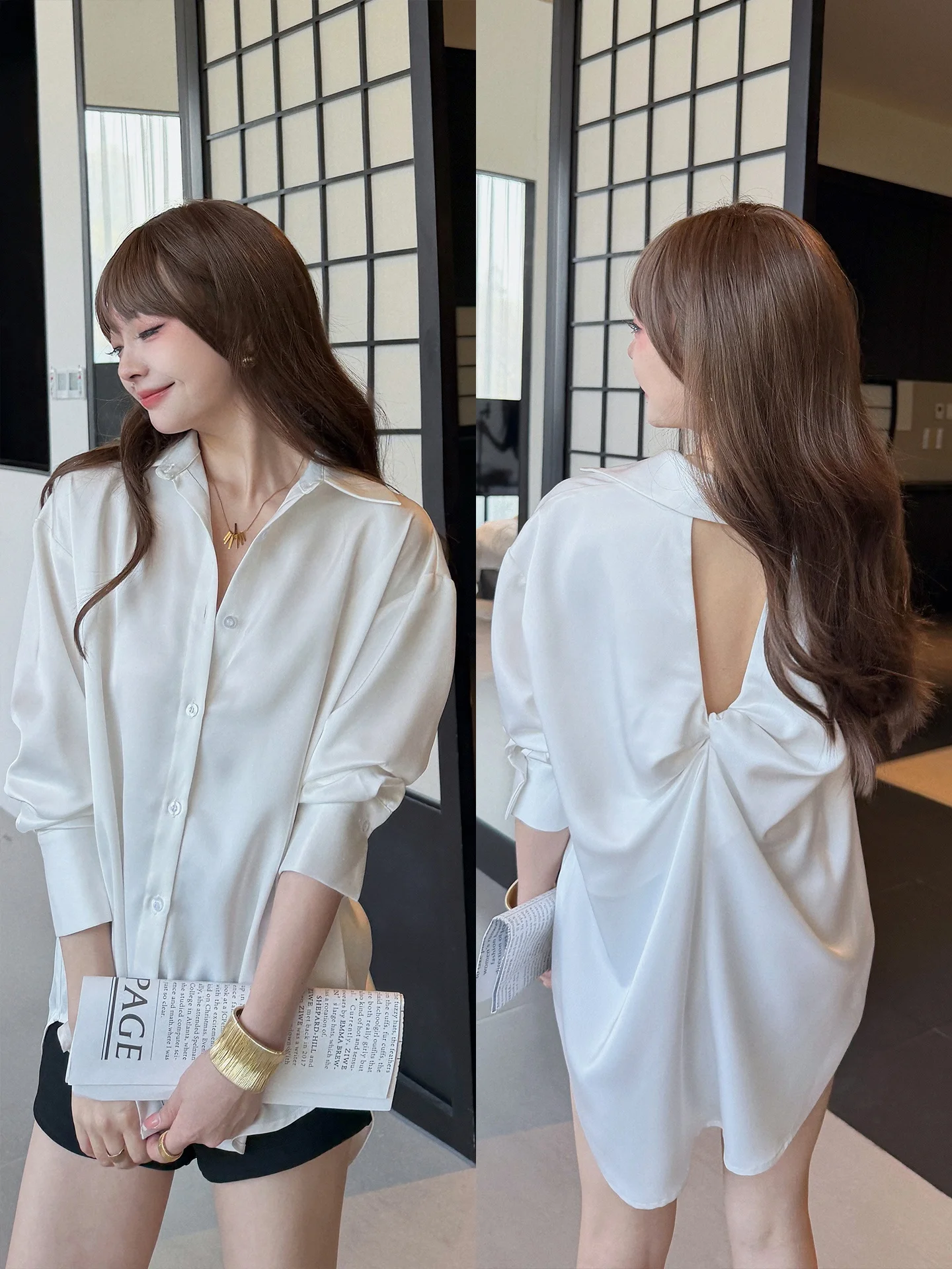 QCEO Women's Satin Shirt Loose Fit Back Knot Hollow out Commute Style Long Sleeve Flip Collar Mid-Length Open Cardigan
QCEO Women's Satin Shirt Loose Fit Back Knot Hollow out Commute Style Long Sleeve Flip Collar Mid-Length Open Cardigan