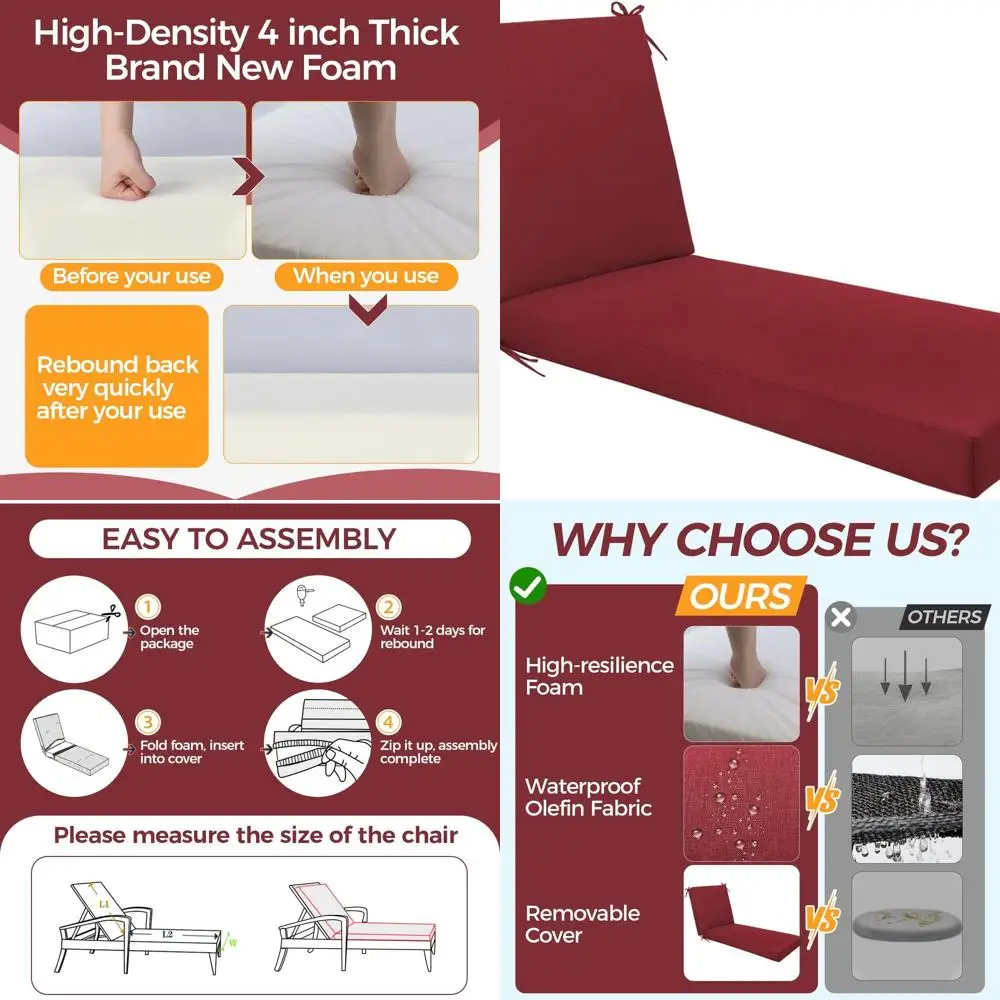 Красная подушка для шезлонга на открытом воздухе — водонепроницаемый и устойчивый к ультрафиолетовому излучению чехол, съемный, 70x22x4 дюйма для патио и у бассейна
Красная подушка для шезлонга на открытом воздухе — водонепроницаемый и устойчивый к ультрафиолетовому излучению чехол, съемный, 70x22x4 дюйма для патио и у бассейна